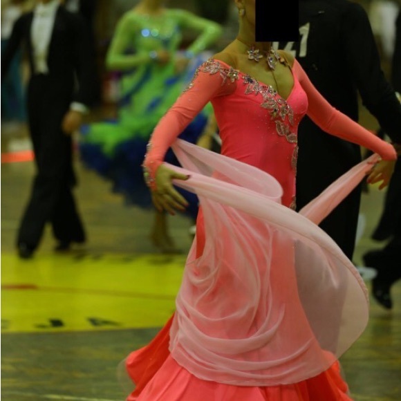 Pink ballroom dance dress with long sleeves and shinny stones and floats - Picture 2 of 6
